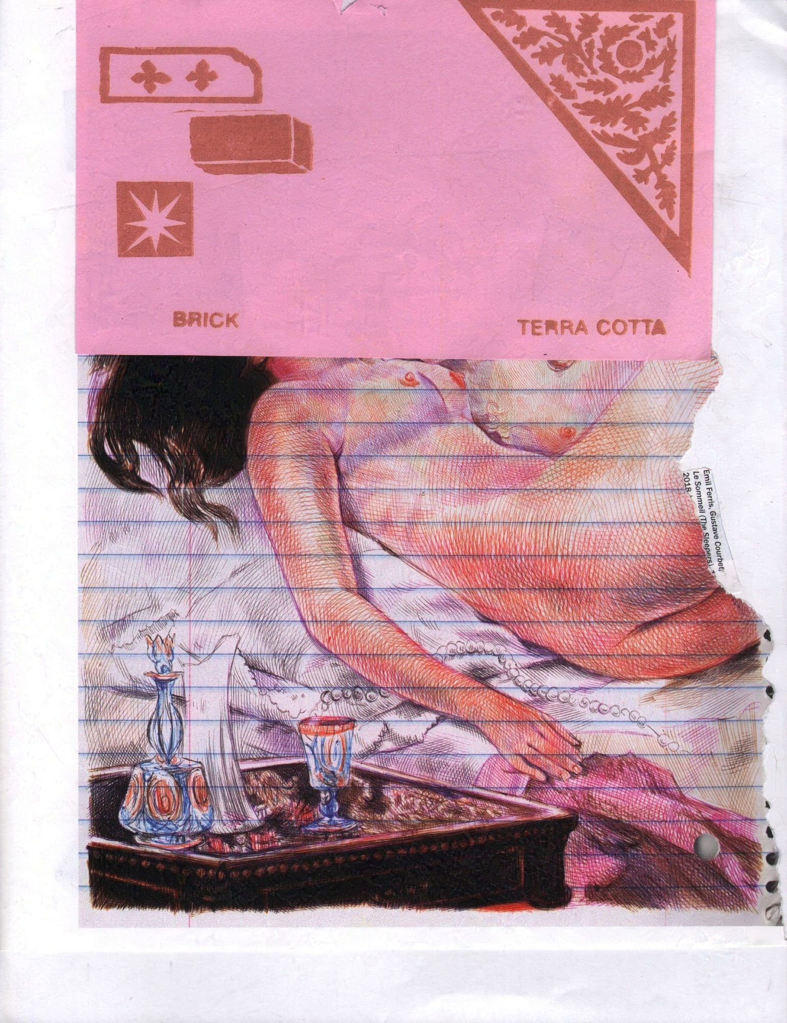 Piece referencing transfem sex pairing an Emil Ferris illustration and a found riso-printed piece of pink construction paper obscuring the figures' faces.